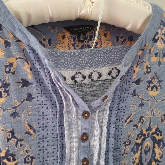 Lucky Brand Tunic Long Sleeve Boho Peasant Blouse Blue/Yellow Size L - Picture 2 of 14